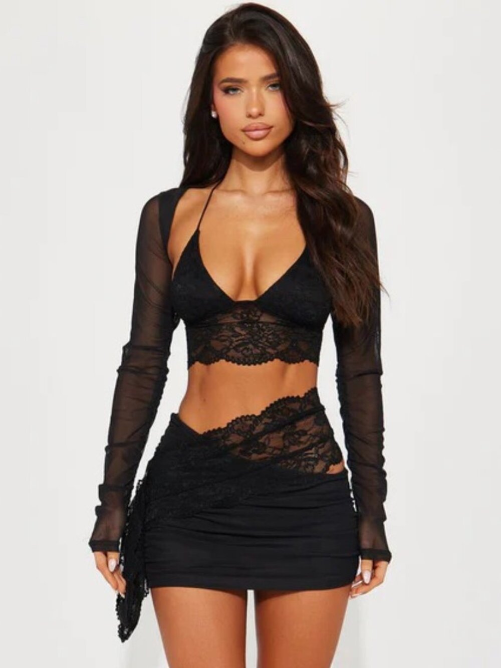 NWT Fashion Nova Mesh Lace Black 3 Piece Bolero Crop Top & Mini Skirt Co Ord Set
